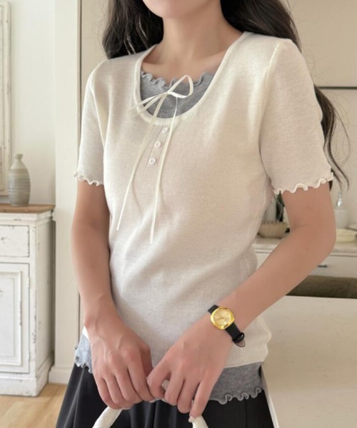 semplice(センプリチェ)の「フリル レイヤード リボン ニットトップス(Tシャツ/カットソー・レディース・ホワイト/ベージュ/パープル/ブルー/ブラック・F)」の9枚目の写真