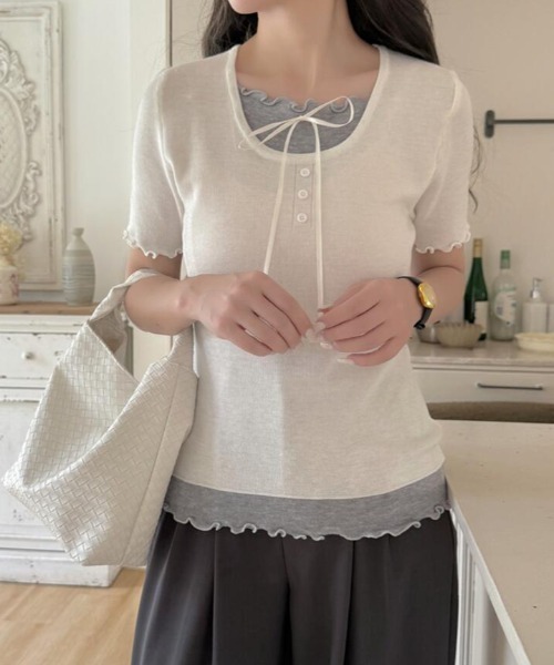 semplice(センプリチェ)の「フリル レイヤード リボン ニットトップス(Tシャツ/カットソー・レディース・ホワイト/ベージュ/パープル/ブルー/ブラック・F)」の12枚目の写真