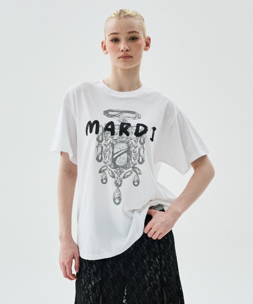 Mardi Mercredi（マルディメクルディ）の「TSHIRT BIJOU BRUSH LOGO MARDI / Tシャツ ビジュー ブラッシュ ロゴ マルディ（Tシャツ/カットソー・レディース・ブラック×レッド・FREE）」の7枚目の写真