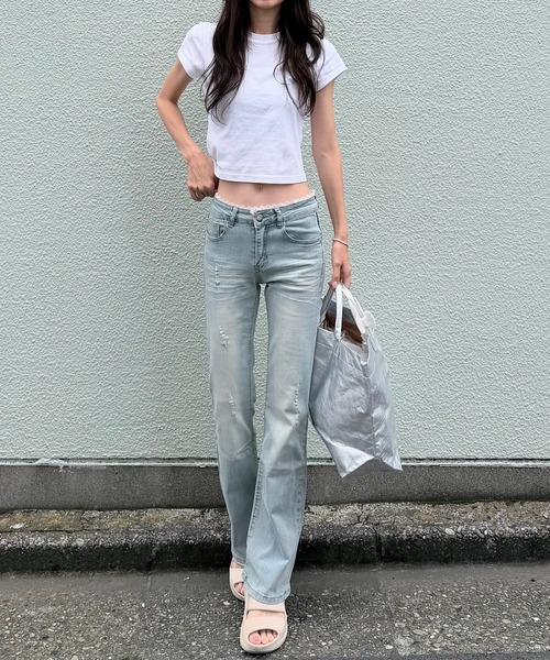 Mela(メラ)の「超美脚 レースウエスト ブルーウォッシュ フレアデニム(デニムパンツ・レディース・ブルー・S/M/L)」の11枚目の写真