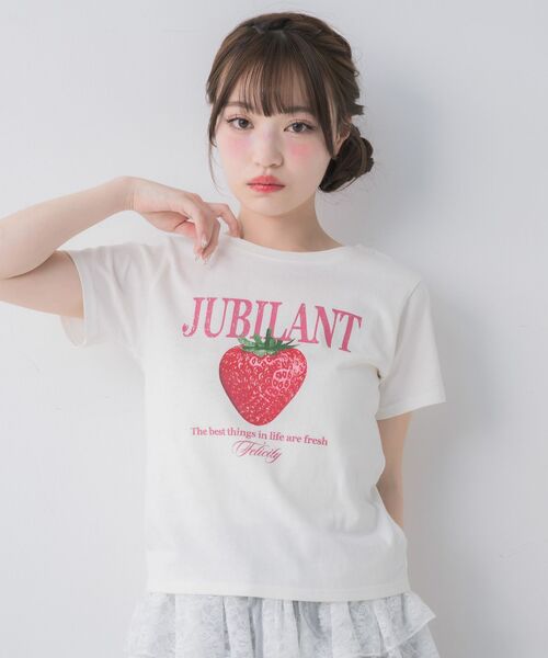ems excite(エムズエキサイト)の「ストロベリープリントTシャツ(Tシャツ/カットソー・レディース・ホワイト/ピンク/ブラック・FREE)」の7枚目の写真