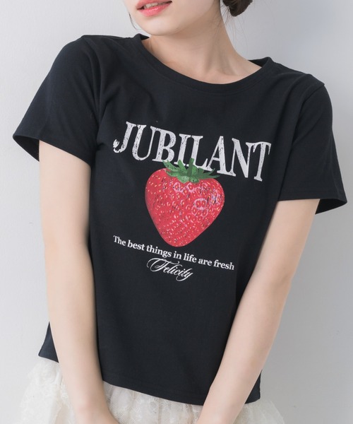 ems excite(エムズエキサイト)の「ストロベリープリントTシャツ(Tシャツ/カットソー・レディース・ホワイト/ピンク/ブラック・FREE)」の2枚目の写真