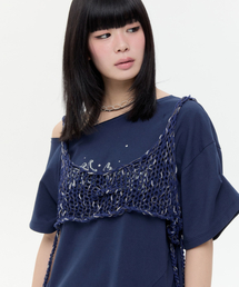 Beaded Strap Knit Top [Navy]