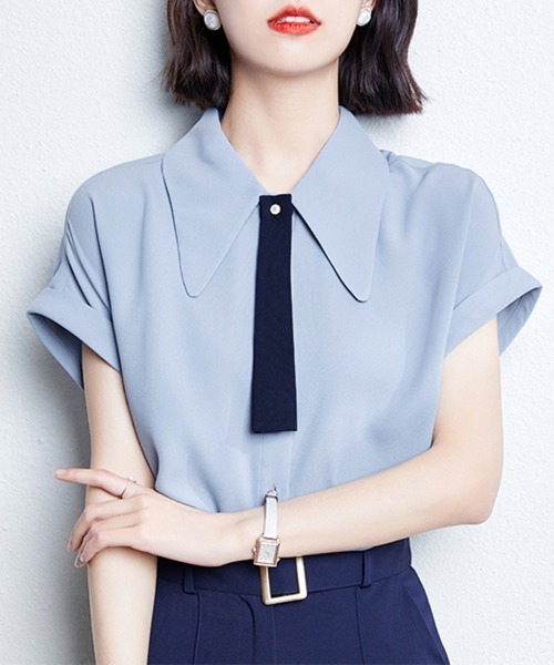 ONEP STAR(ワンピスター)の「配色襟付き半袖ブラウス(シャツ/ブラウス・レディース・ピンク/ブルー・X-LARGE/MEDIUM/LARGE)」の12枚目の写真