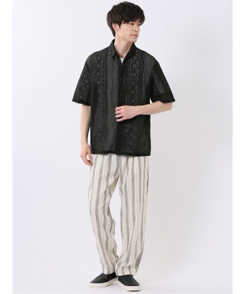TAKA-Q(タカキュー)の「シャツ メンズ 半袖 透かし編み ジャガード レギュラーカラー ややゆったり ルーズフィット (シャツ/ブラウス・メンズ・アイボリー/ブラック・MEDIUM/LARGE/X-LARGE)」の6枚目の写真