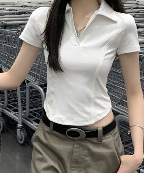 GLAMOROUS JANE(グラマラスジェーン)の「スキッパーカラー半袖トップス(Tシャツ/カットソー・レディース・グレー/ホワイト/ブラック・FREE)」の6枚目の写真