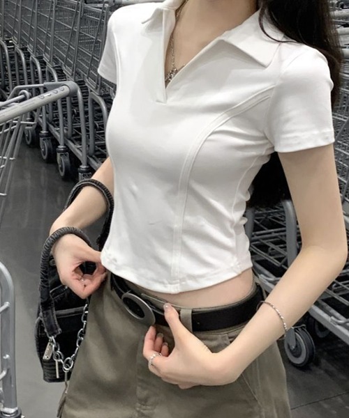 GLAMOROUS JANE(グラマラスジェーン)の「スキッパーカラー半袖トップス(Tシャツ/カットソー・レディース・グレー/ホワイト/ブラック・FREE)」の5枚目の写真