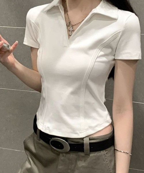 GLAMOROUS JANE(グラマラスジェーン)の「スキッパーカラー半袖トップス(Tシャツ/カットソー・レディース・グレー/ホワイト/ブラック・FREE)」の4枚目の写真