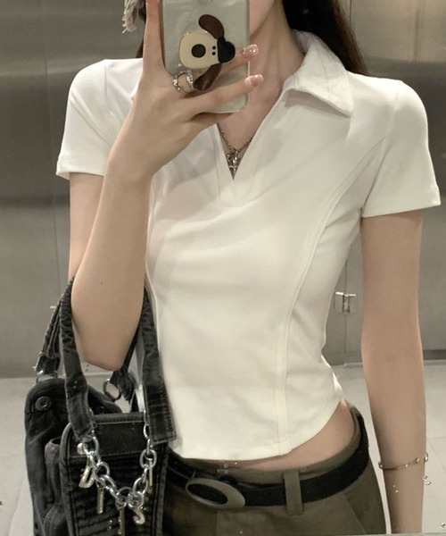 GLAMOROUS JANE(グラマラスジェーン)の「スキッパーカラー半袖トップス(Tシャツ/カットソー・レディース・グレー/ホワイト/ブラック・FREE)」の11枚目の写真