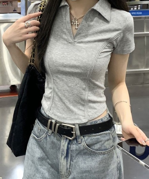 GLAMOROUS JANE(グラマラスジェーン)の「スキッパーカラー半袖トップス(Tシャツ/カットソー・レディース・グレー/ホワイト/ブラック・FREE)」の10枚目の写真
