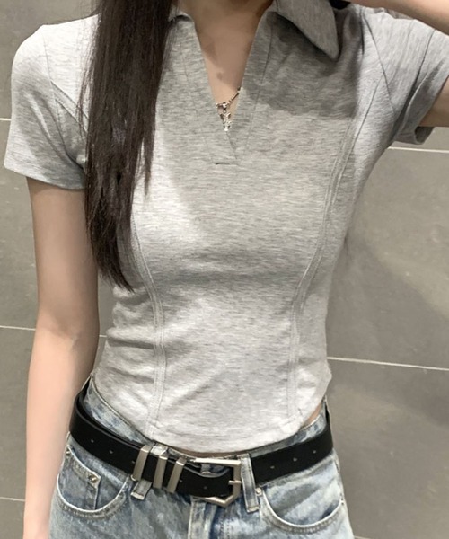 GLAMOROUS JANE(グラマラスジェーン)の「スキッパーカラー半袖トップス(Tシャツ/カットソー・レディース・グレー/ホワイト/ブラック・FREE)」の9枚目の写真