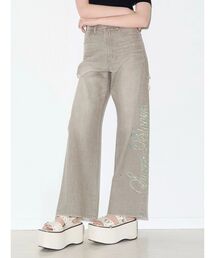 EVRIS | ラインストーンロゴバックスラッシュワイドデニムパンツ ハイウエスト(デニムパンツ)