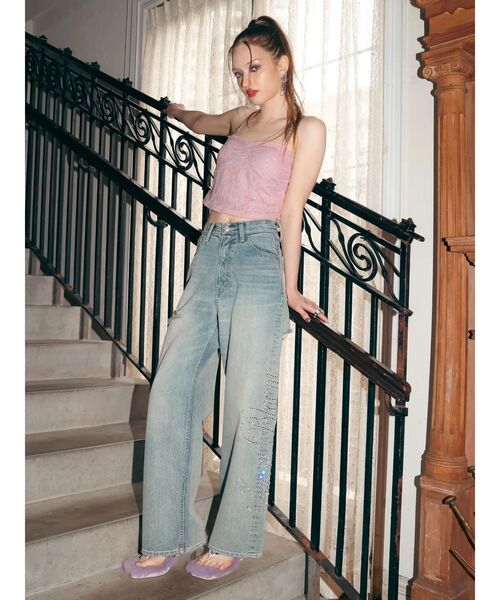EVRIS(エヴリス)の「ラインストーンロゴバックスラッシュワイドデニムパンツ ハイウエスト(デニムパンツ・レディース・ライトブルー/ベージュ/ブラック・SMALL/MEDIUM)」の6枚目の写真