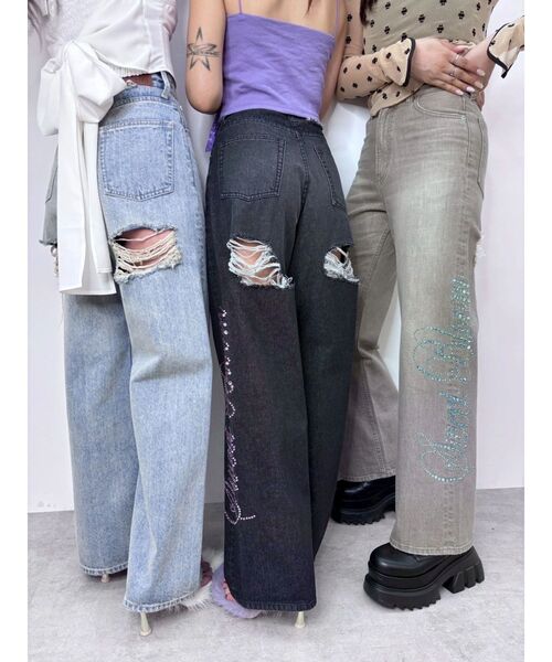 EVRIS(エヴリス)の「ラインストーンロゴバックスラッシュワイドデニムパンツ ハイウエスト(デニムパンツ・レディース・ライトブルー/ベージュ/ブラック・SMALL/MEDIUM)」の12枚目の写真