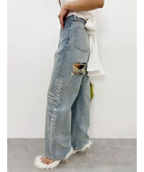 EVRIS(エヴリス)の「ラインストーンロゴバックスラッシュワイドデニムパンツ ハイウエスト(デニムパンツ・レディース・ライトブルー/ベージュ/ブラック・SMALL/MEDIUM)」の16枚目の写真