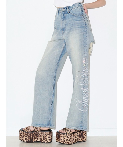 EVRIS(エヴリス)の「ラインストーンロゴバックスラッシュワイドデニムパンツ ハイウエスト(デニムパンツ・レディース・ライトブルー/ベージュ/ブラック・SMALL/MEDIUM)」の3枚目の写真