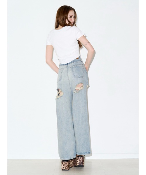 EVRIS(エヴリス)の「ラインストーンロゴバックスラッシュワイドデニムパンツ ハイウエスト(デニムパンツ・レディース・ライトブルー/ベージュ/ブラック・SMALL/MEDIUM)」の6枚目の写真