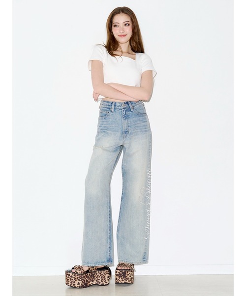 EVRIS(エヴリス)の「ラインストーンロゴバックスラッシュワイドデニムパンツ ハイウエスト(デニムパンツ・レディース・ライトブルー/ベージュ/ブラック・SMALL/MEDIUM)」の10枚目の写真