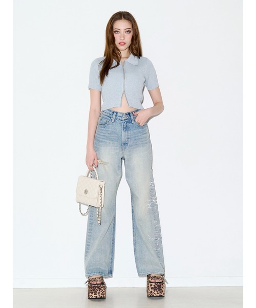 EVRIS(エヴリス)の「ラインストーンロゴバックスラッシュワイドデニムパンツ ハイウエスト(デニムパンツ・レディース・ライトブルー/ベージュ/ブラック・SMALL/MEDIUM)」の8枚目の写真
