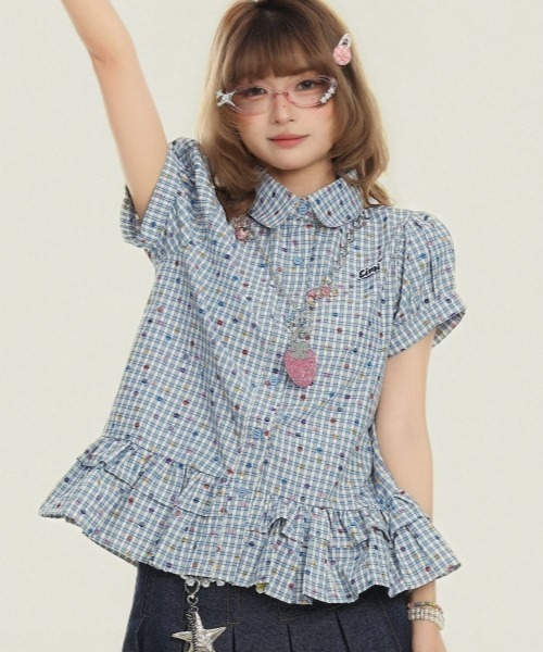 gossip!ロサンゼルス(ゴシップロサンゼルス)の「【Y2Kガーリー】レトロポップチェックドットプリントフリルティアード半袖ブラウスシャツ(シャツ/ブラウス・レディース・ライトグレー/ブルー・M)」の19枚目の写真