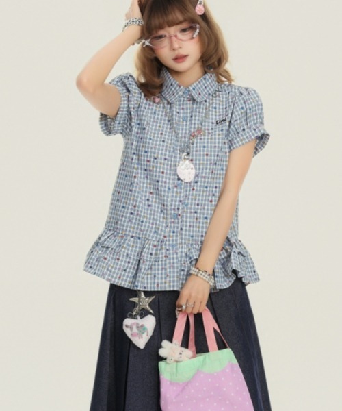 gossip!ロサンゼルス(ゴシップロサンゼルス)の「【Y2Kガーリー】レトロポップチェックドットプリントフリルティアード半袖ブラウスシャツ(シャツ/ブラウス・レディース・ライトグレー/ブルー・M)」の21枚目の写真