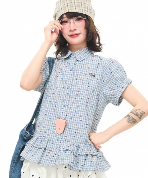 gossip!ロサンゼルス(ゴシップロサンゼルス)の「【Y2Kガーリー】レトロポップチェックドットプリントフリルティアード半袖ブラウスシャツ(シャツ/ブラウス・レディース・ライトグレー/ブルー・M)」の5枚目の写真