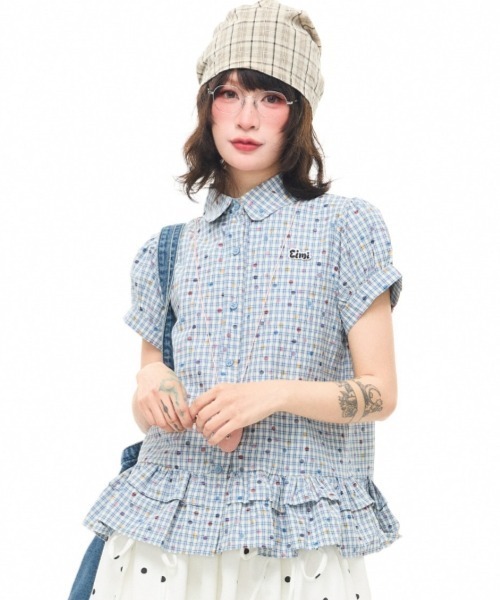 gossip!ロサンゼルス(ゴシップロサンゼルス)の「【Y2Kガーリー】レトロポップチェックドットプリントフリルティアード半袖ブラウスシャツ(シャツ/ブラウス・レディース・ライトグレー/ブルー・M)」の6枚目の写真