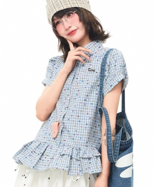 gossip!ロサンゼルス(ゴシップロサンゼルス)の「【Y2Kガーリー】レトロポップチェックドットプリントフリルティアード半袖ブラウスシャツ(シャツ/ブラウス・レディース・ライトグレー/ブルー・M)」の8枚目の写真