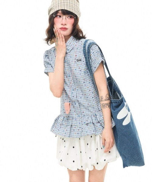 gossip!ロサンゼルス(ゴシップロサンゼルス)の「【Y2Kガーリー】レトロポップチェックドットプリントフリルティアード半袖ブラウスシャツ(シャツ/ブラウス・レディース・ライトグレー/ブルー・M)」の12枚目の写真