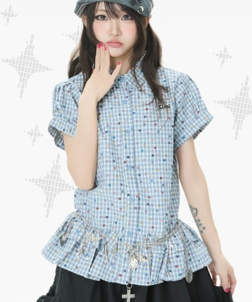 gossip!ロサンゼルス(ゴシップロサンゼルス)の「【Y2Kガーリー】レトロポップチェックドットプリントフリルティアード半袖ブラウスシャツ(シャツ/ブラウス・レディース・ライトグレー/ブルー・M)」の13枚目の写真
