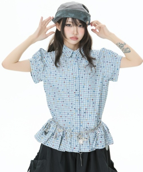 gossip!ロサンゼルス(ゴシップロサンゼルス)の「【Y2Kガーリー】レトロポップチェックドットプリントフリルティアード半袖ブラウスシャツ(シャツ/ブラウス・レディース・ライトグレー/ブルー・M)」の14枚目の写真