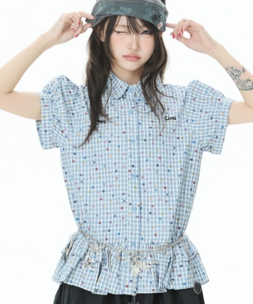gossip!ロサンゼルス(ゴシップロサンゼルス)の「【Y2Kガーリー】レトロポップチェックドットプリントフリルティアード半袖ブラウスシャツ(シャツ/ブラウス・レディース・ライトグレー/ブルー・M)」の15枚目の写真