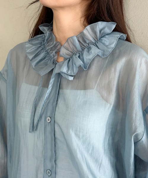 MYMOOD.(マイムード)の「襟フリルロングスリーブシアーブラウス 冷房対策/日焼け予防シャツ(シャツ/ブラウス・レディース・オフホワイト/ブラウン/ブラック/ブルー・FREE)」の12枚目の写真
