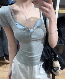 \重ね着悩みを即解決/ フェイクレイヤード ヘンリーネック 半袖リブトップス / キャミソールセット