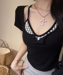 \重ね着悩みを即解決/ フェイクレイヤード ヘンリーネック 半袖リブトップス / キャミソールセット