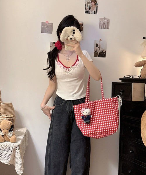 BENDER TOKYO(ベンダートウキョウ)の「\重ね着悩みを即解決/ フェイクレイヤード ヘンリーネック 半袖リブトップス / キャミソールセット(Tシャツ/カットソー・レディース・ブラック/グレー/ホワイト・FREE)」の7枚目の写真