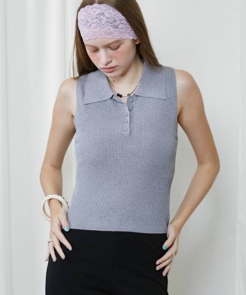 Rohwel(ローウェル)の「Soft Rib Polo Tank / ソフトリブポロタンク(ポロシャツ・レディース・ブラック/グレー/アイボリー・FREE)」の1枚目の写真
