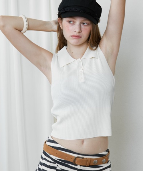 Rohwel(ローウェル)の「Soft Rib Polo Tank / ソフトリブポロタンク(ポロシャツ・レディース・ブラック/グレー/アイボリー・FREE)」の2枚目の写真