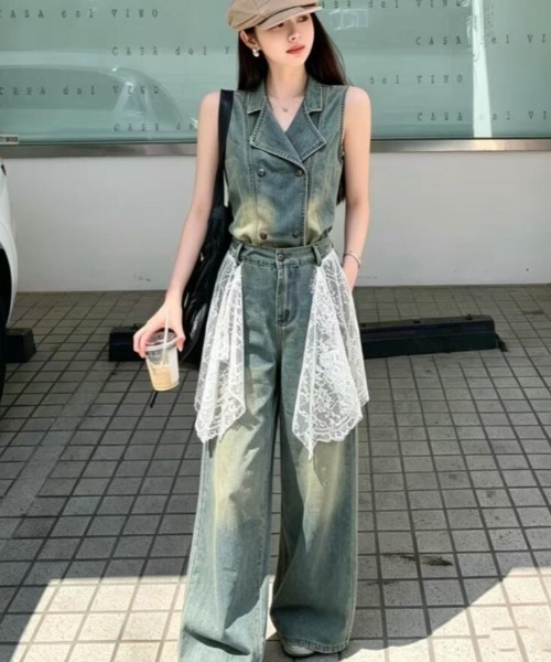semplice（センプリチェ）の「レースドレープ付き デニムセットアップ（セットアップ・レディース・ブルー・M/L/S）」の6枚目の写真