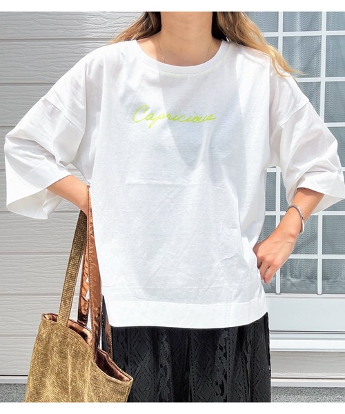 Q(キュー)の「シルケット天竺プルオーバー(Tシャツ/カットソー・レディース・オフホワイト/ブラック/グレイッシュベージュ・MEDIUM)」の1枚目の写真