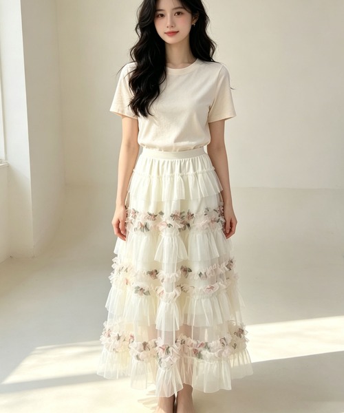 gossip!ロサンゼルス(ゴシップロサンゼルス)の「花柄チュールレイヤードティアードスカート ロングマキシ丈(スカート・レディース・オフホワイト・M)」の4枚目の写真