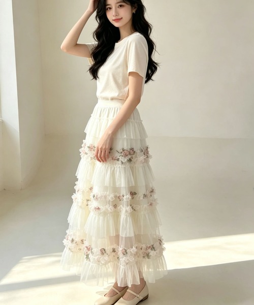 gossip!ロサンゼルス(ゴシップロサンゼルス)の「花柄チュールレイヤードティアードスカート ロングマキシ丈(スカート・レディース・オフホワイト・M)」の7枚目の写真