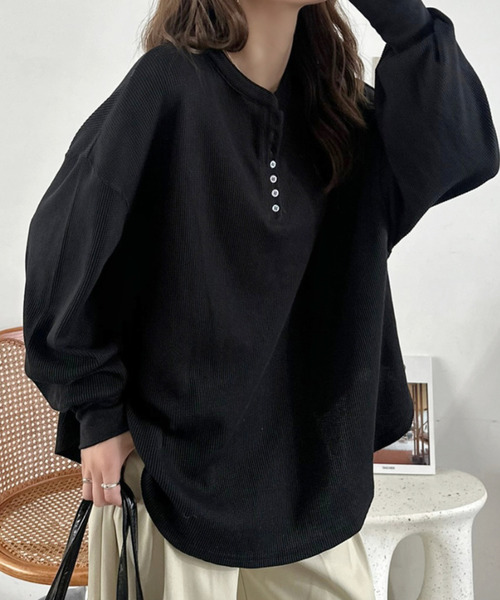 Eclat one(エクラワン)の「【Eclat one】ヘンリーネック ワッフル フレア プルオーバー(Tシャツ/カットソー・レディース・杢グレー/ブラウン/ブラック/アイボリー・FREE)」の3枚目の写真