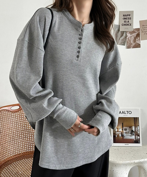 Eclat one(エクラワン)の「【Eclat one】ヘンリーネック ワッフル フレア プルオーバー(Tシャツ/カットソー・レディース・杢グレー/ブラウン/ブラック/アイボリー・FREE)」の11枚目の写真