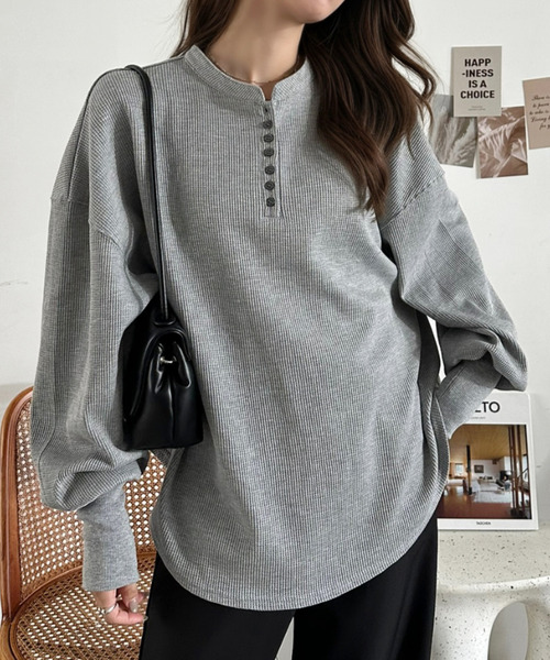 Eclat one(エクラワン)の「【Eclat one】ヘンリーネック ワッフル フレア プルオーバー(Tシャツ/カットソー・レディース・杢グレー/ブラウン/ブラック/アイボリー・FREE)」の14枚目の写真