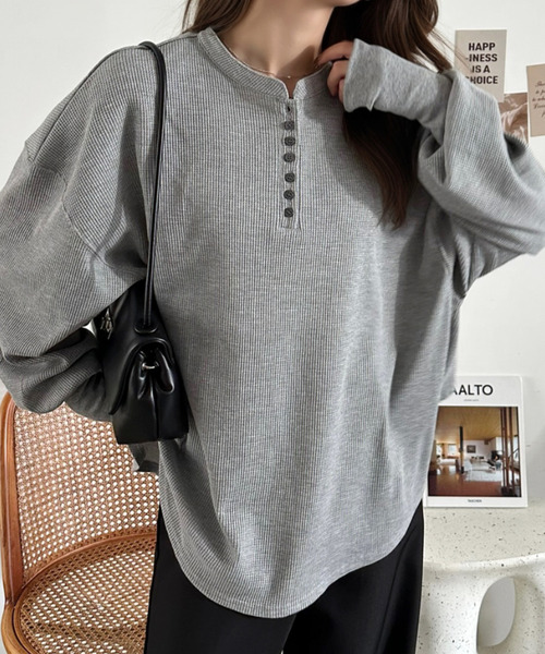 Eclat one(エクラワン)の「【Eclat one】ヘンリーネック ワッフル フレア プルオーバー(Tシャツ/カットソー・レディース・杢グレー/ブラウン/ブラック/アイボリー・FREE)」の10枚目の写真