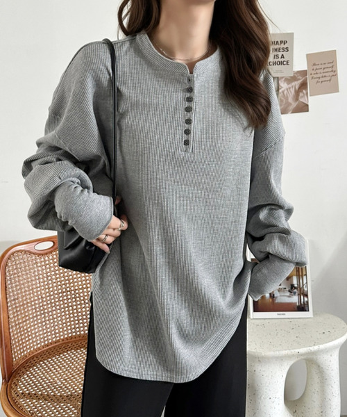 Eclat one(エクラワン)の「【Eclat one】ヘンリーネック ワッフル フレア プルオーバー(Tシャツ/カットソー・レディース・杢グレー/ブラウン/ブラック/アイボリー・FREE)」の15枚目の写真