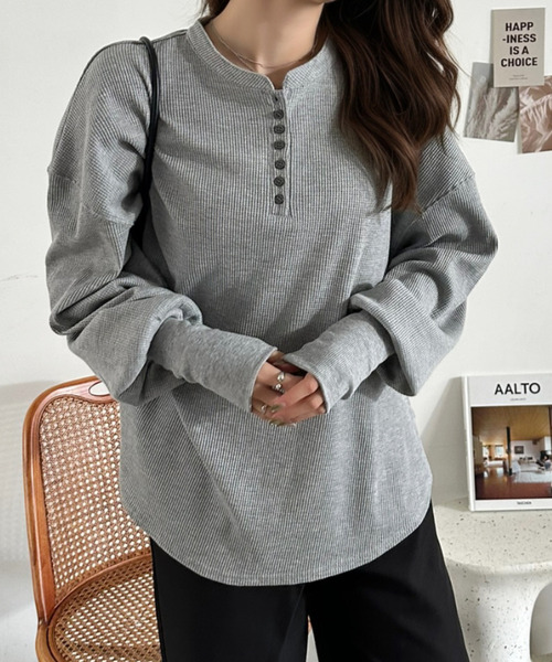 Eclat one(エクラワン)の「【Eclat one】ヘンリーネック ワッフル フレア プルオーバー(Tシャツ/カットソー・レディース・杢グレー/ブラウン/ブラック/アイボリー・FREE)」の16枚目の写真