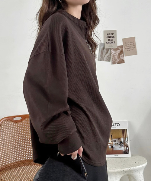 Eclat one(エクラワン)の「【Eclat one】ヘンリーネック ワッフル フレア プルオーバー(Tシャツ/カットソー・レディース・杢グレー/ブラウン/ブラック/アイボリー・FREE)」の22枚目の写真