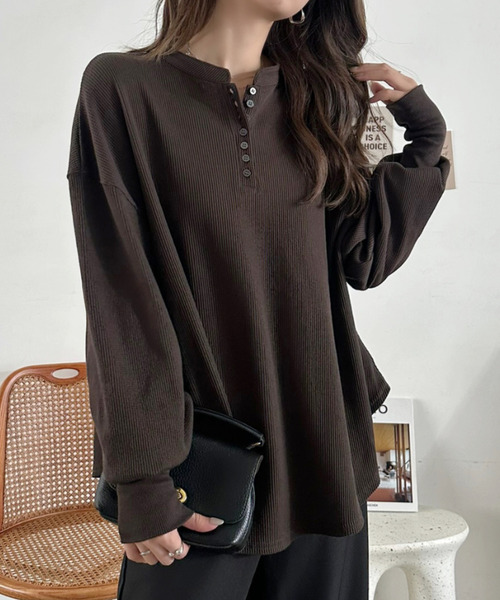 Eclat one(エクラワン)の「【Eclat one】ヘンリーネック ワッフル フレア プルオーバー(Tシャツ/カットソー・レディース・杢グレー/ブラウン/ブラック/アイボリー・FREE)」の20枚目の写真